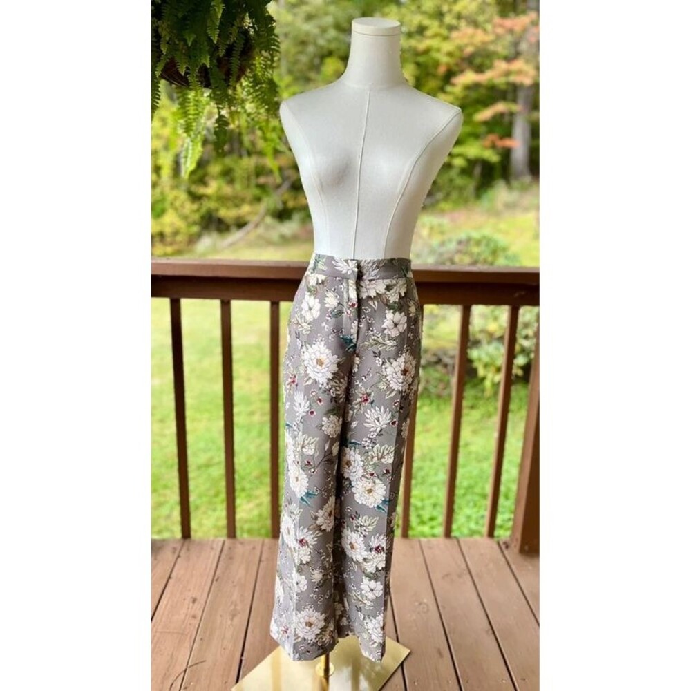 Zara Basic Floral Trousers M Gray Botanical Straight Leg Pants
